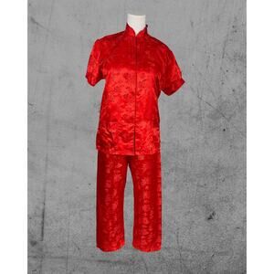 Vintage 80s NWT Esme 100% Silk Red Jacquard Shirt Pant Pajama Loungewear Set L
